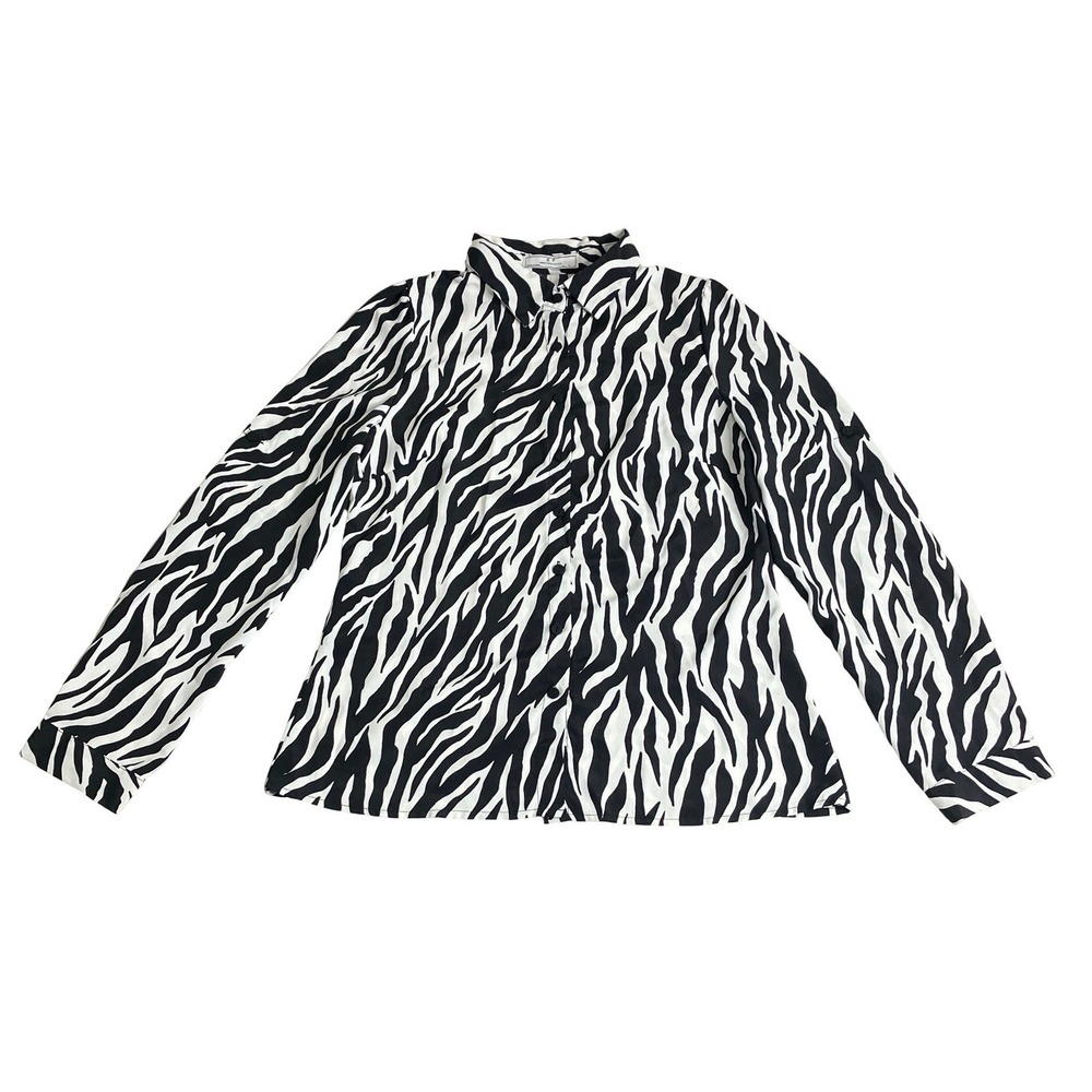 Something Pretty Zebra Top Womens Large Black‎ White Roll Tab Button Down Shirt